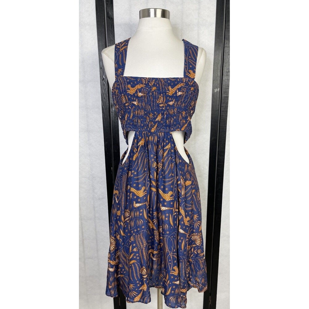 Anthropologie Piper  Navy and Gold Tiger Blue Floral Cutout Sundress